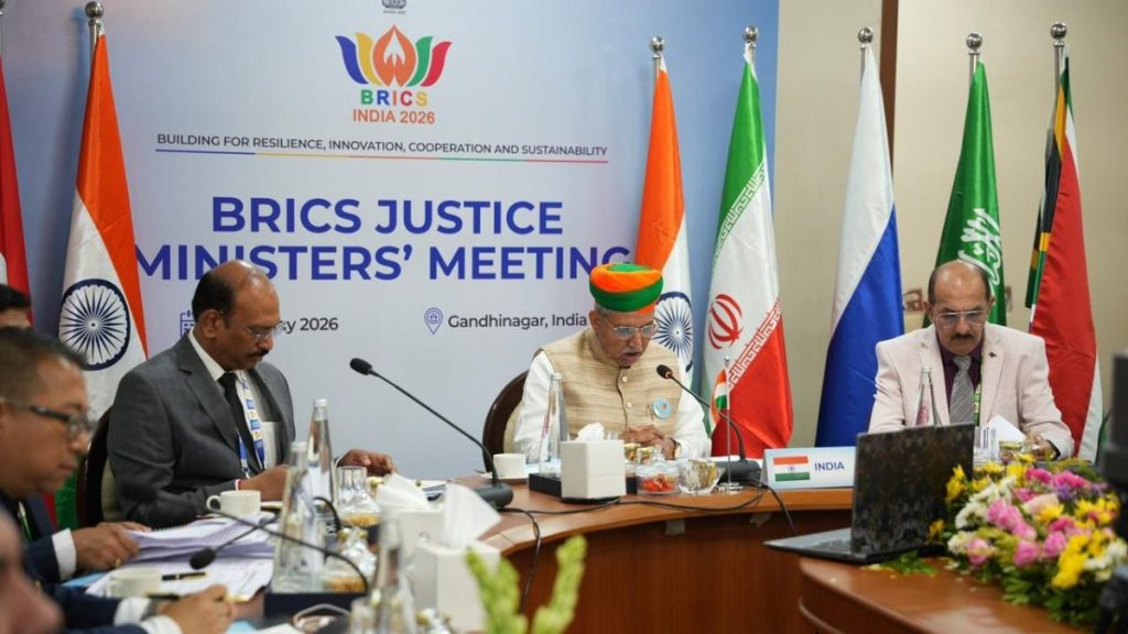 BRICS Justice Ministers Meeting image, BRICS India 2026 Gandhinagar photo, BRICS legal cooperation, BRICS ADR meeting image, India chairs BRICS Justice Ministers meeting photo, BRICS mediation and arbitration conference visuals.