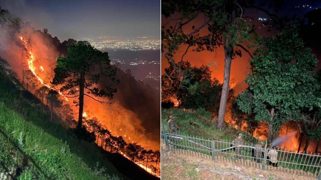 Kasauli forest fire, Himachal Pradesh wildfire, Indian Army firefighting operation, IAF Mi-17 helicopter, Chinook helicopter rescue, night firefighting NVG, Bambi bucket operation, Sukhna Lake water drop, forest fire Himachal 2026, Surya Command statement, Kasauli cantonment fire, wildfire containment India, forest fire response Army Air Force, Gilbert Trail fire, Shourya Marg fire, Himachal forest fire incidents 2025, India wildfire control efforts