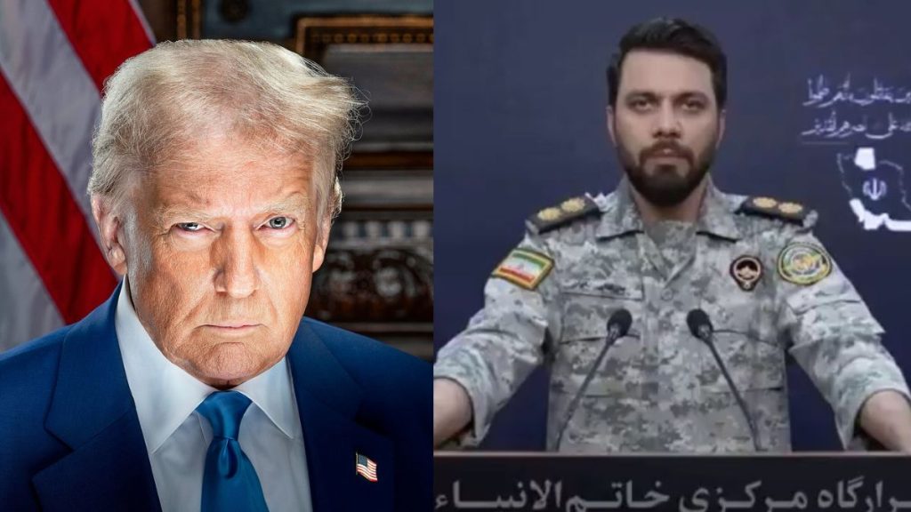 Donald Trump Iran tensions image, Trump IRGC warning, Iran US Navy confrontation photo, IRGC spokesperson image, Donald Trump Strait of Hormuz crisis, Iran threatens US assets, US Iran military tensions.