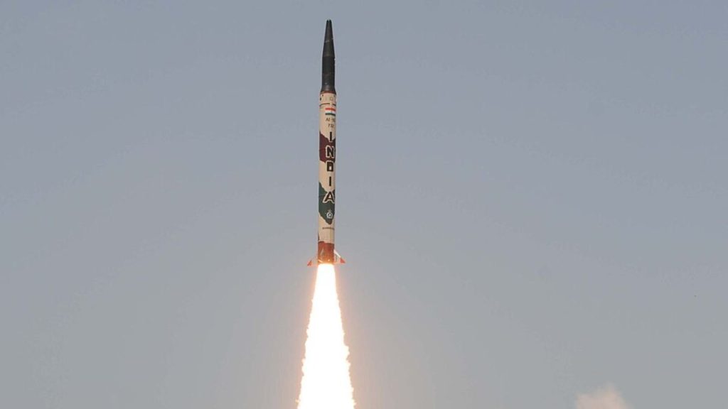 Agni-I missile launch image, India Agni-I ballistic missile test, Agni-I missile launch Odisha, DRDO Agni-I missile photograph, India nuclear capable missile launch.