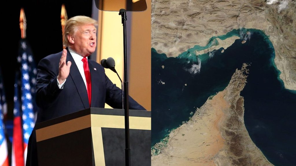 Donald Trump Strait of Hormuz image US Iran tensions, Trump speech Hormuz maritime security crisis satellite image, US Iran conflict Strait of Hormuz geopolitical, Strait of Hormuz photo Gulf maritime tensions image, Trump Iran ceasefire Hormuz escort operations, US Navy Hormuz mission
