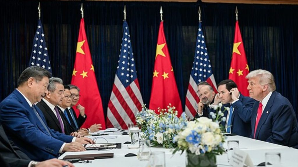 Donald Trump Xi Jinping meeting, Trump Xi summit, Donald Trump China visit image, Xi Jinping Trump Beijing talks, US China trade talks meeting photo, Trump Xi bilateral meeting, US China relations official meeting, Trump Xi tariffs Taiwan discussions, China US diplomatic talks photo.