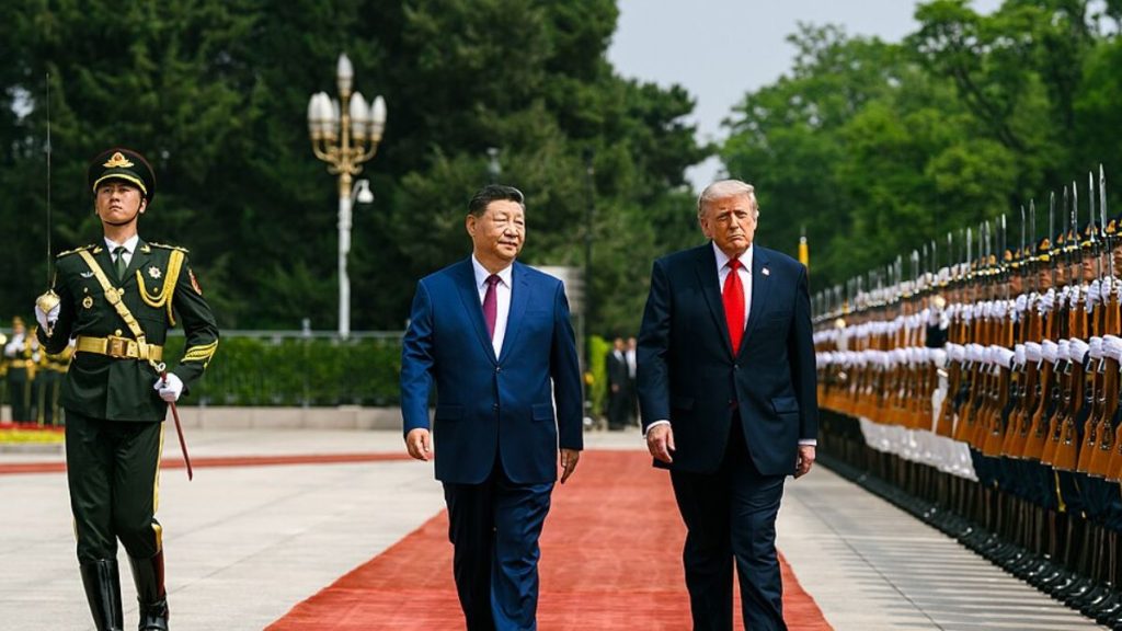 Donald Trump Xi Jinping image, Trump Xi Beijing visit photo, US China summit visuals, Donald Trump China trip image, Xi Jinping Trump bilateral meeting photo, Trump Xi diplomatic engagement visuals, US China relations official image, Trump Xi Taiwan tensions meeting photo, Beijing state visit Donald Trump image.