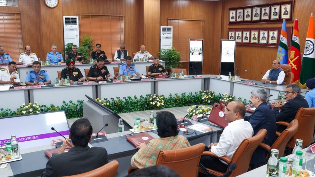 Rajnath Singh Joint Commanders Conference image, Rajnath Singh military commanders meeting Jaipur, Operation Sindoor conference visuals, Indian Armed Forces joint commanders conference, Rajnath Singh with Army Navy Air Force chiefs, India defence leadership meeting 2026.