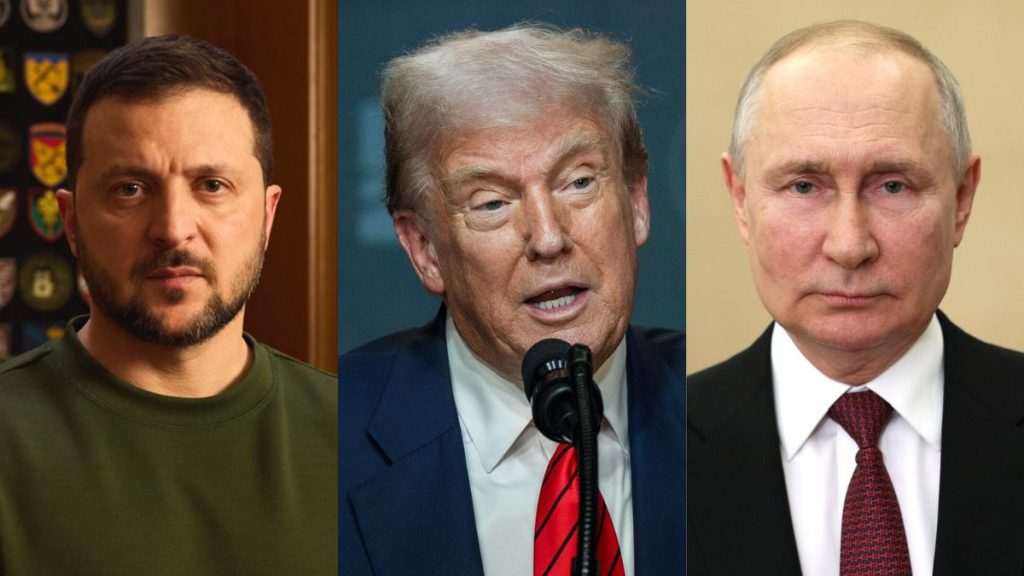 Donald Trump Vladimir Putin Volodymyr Zelenskyy image, Russia Ukraine ceasefire leaders image, Donald Trump Russia Ukraine peace talks, Trump mediation Russia Ukraine war, Russia Ukraine truce announcement.