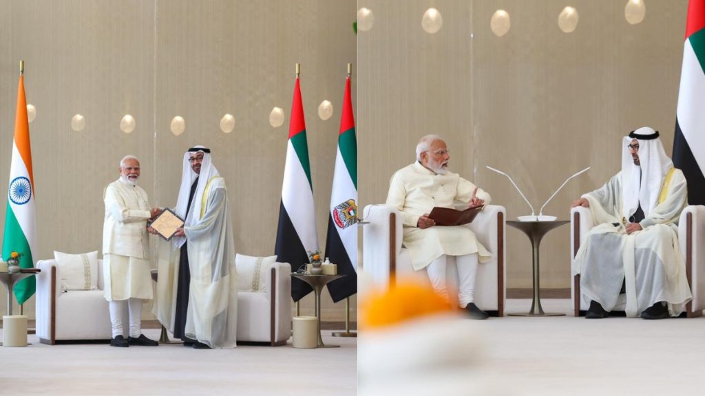 Narendra Modi UAE visit image, PM Modi Sheikh Mohamed bin Zayed meeting photo, India UAE strategic partnership visuals, Modi UAE bilateral talks image, India UAE defence cooperation meeting photo, Narendra Modi Abu Dhabi visit visuals, India UAE energy cooperation image, Modi UAE strategic oil reserve talks photo, India UAE diplomatic engagement visuals, Sheikh Mohamed bin Zayed Narendra Modi meeting image.