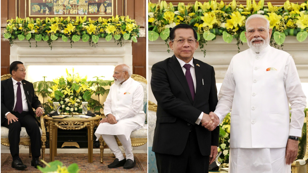 India-Myanmar relations, Narendra Modi, Min Aung Hlaing, Myanmar President India visit, India Myanmar security cooperation, Aung San Suu Kyi, India Myanmar border security, Northeast insurgent groups, India Myanmar summit, Vikram Misri, cybercrime crackdown, human trafficking, India Myanmar trade, defence cooperation, Myanmar civil war, Act East Policy, Ajit Doval, S Jaishankar, rare earth minerals, India Myanmar diplomacy