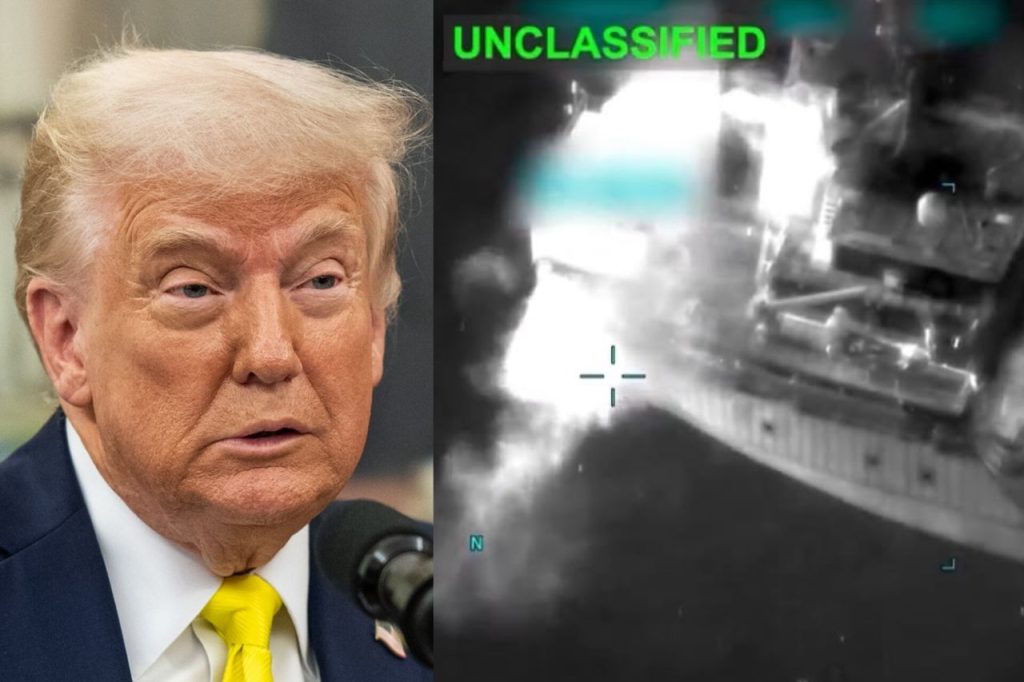 Donald Trump image, Trump Gulf crisis photo, Trump on Iran tensions, Donald Trump West Asia crisis, Gulf of Oman tanker attack image, merchant vessel strike visuals, oil tanker attack image, Strait of Hormuz shipping crisis photo, maritime security incident image.