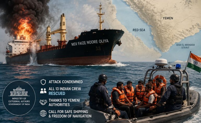 India condemns attack on Indian-flagged vessel in Red Sea; all 13 crew members rescued