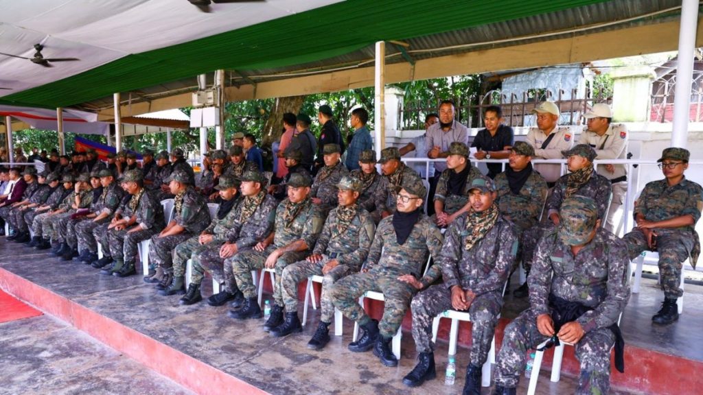 Manipur militant surrender image, Manipur militants surrender 2026, 46 militants surrender Manipur, KCP militants surrender, KCP Taibanganba surrender, Manipur militants lay down arms, Manipur militants surrender weapons, Manipur militant surrender ceremony, Manipur peace process,