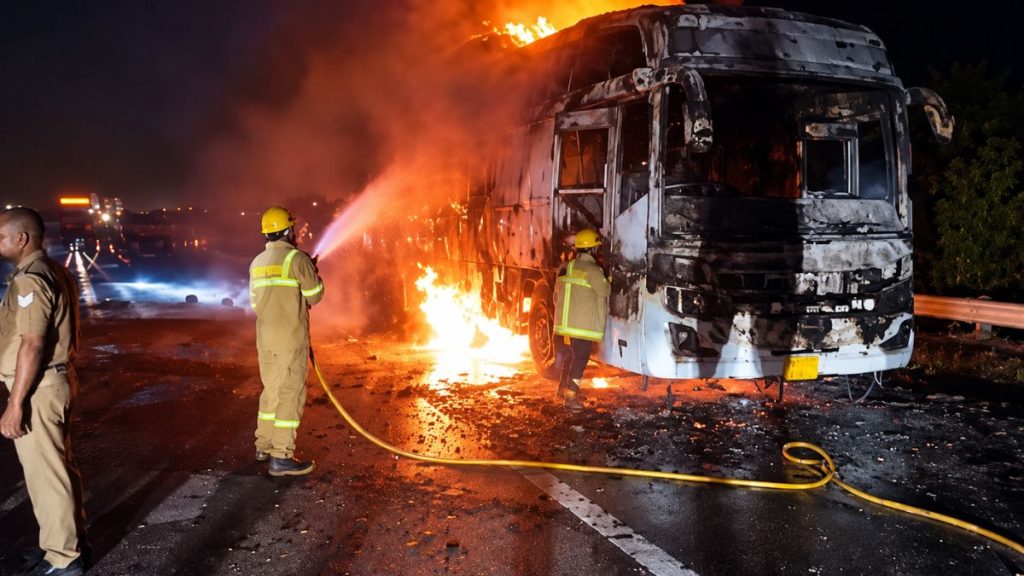 Yamuna Expressway bus fire, Greater Noida bus fire, Jewar bus fire, sleeper bus fire, bus fire Uttar Pradesh, Yamuna Expressway accident, firefighters bus blaze, bus fire rescue operation.