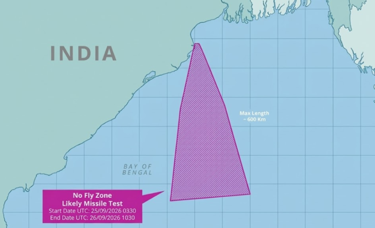 India issues notification for missile test in Bay of Bengal, range near 600km