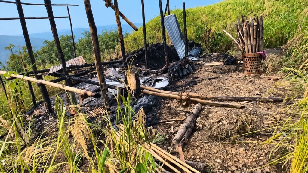 Manipur violence, Tamenglong violence, burnt farmhouses Manipur, Kuki-Zo village Manipur, Leisangphai Kuki village, Manipur farmhouse arson, Tamenglong attack aftermath, Manipur ethnic violence, Manipur civilian attacks.