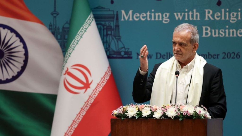 Masoud Pezeshkian India 2026, Pezeshkian New Delhi speech, Iranian President India visit, Pezeshkian BRICS Business Forum, Iran BRICS 2026, BRICS financial cooperation, BRICS local currency trade, India Iran relations.