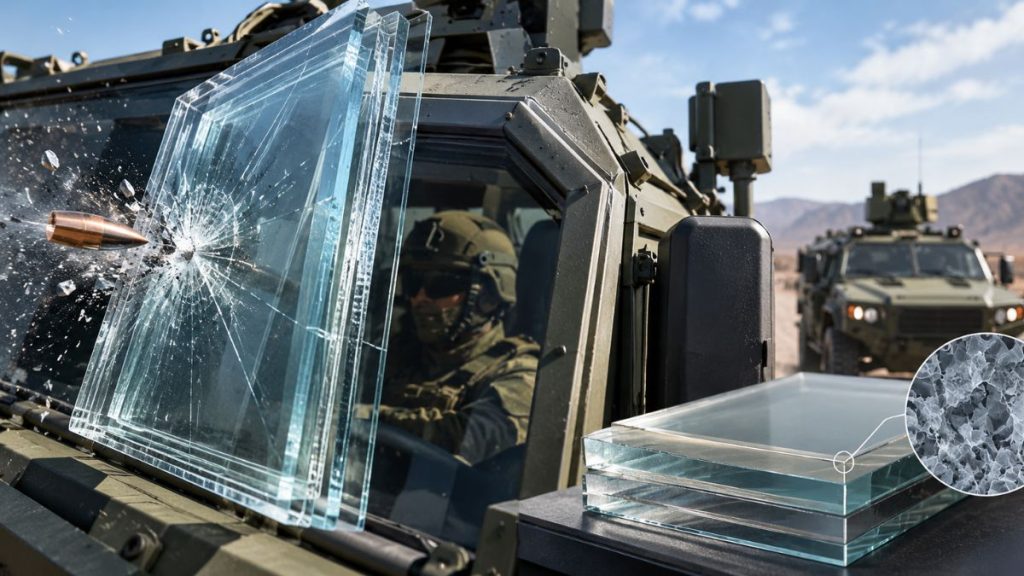 DRDO bulletproof glass image, lightweight transparent armour, CSIR CGCRI ballistic glass, armoured vehicle protection, indigenous bulletproof glass India, transparent armour technology, multi-shot ballistic protection.