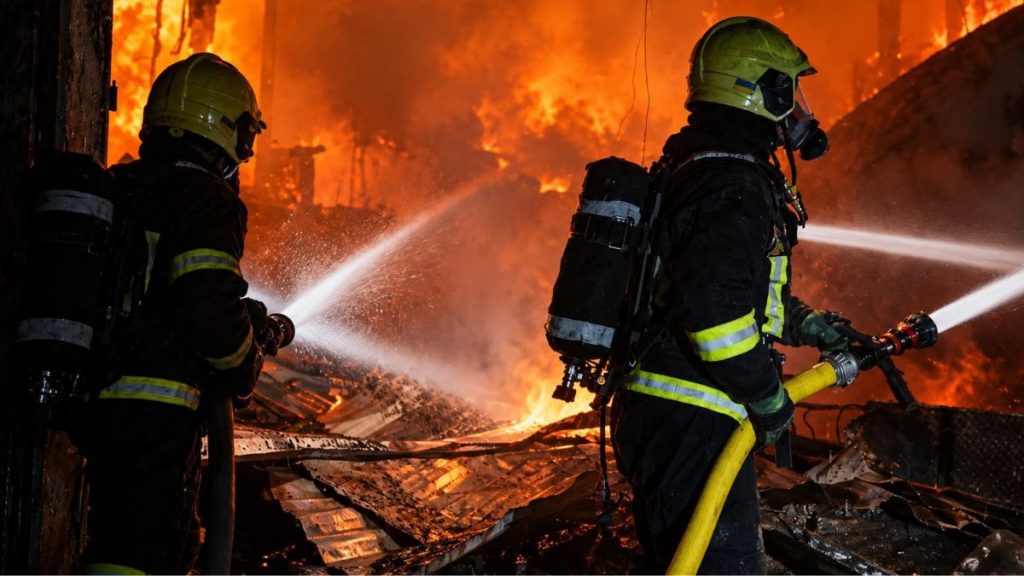 Ryazan refinery fire image, Ukraine strike Russian oil refinery, Russian oil refinery attack, firefighters Russia refinery blaze, Ukraine drone strike Russia, Russia Ukraine energy infrastructure.