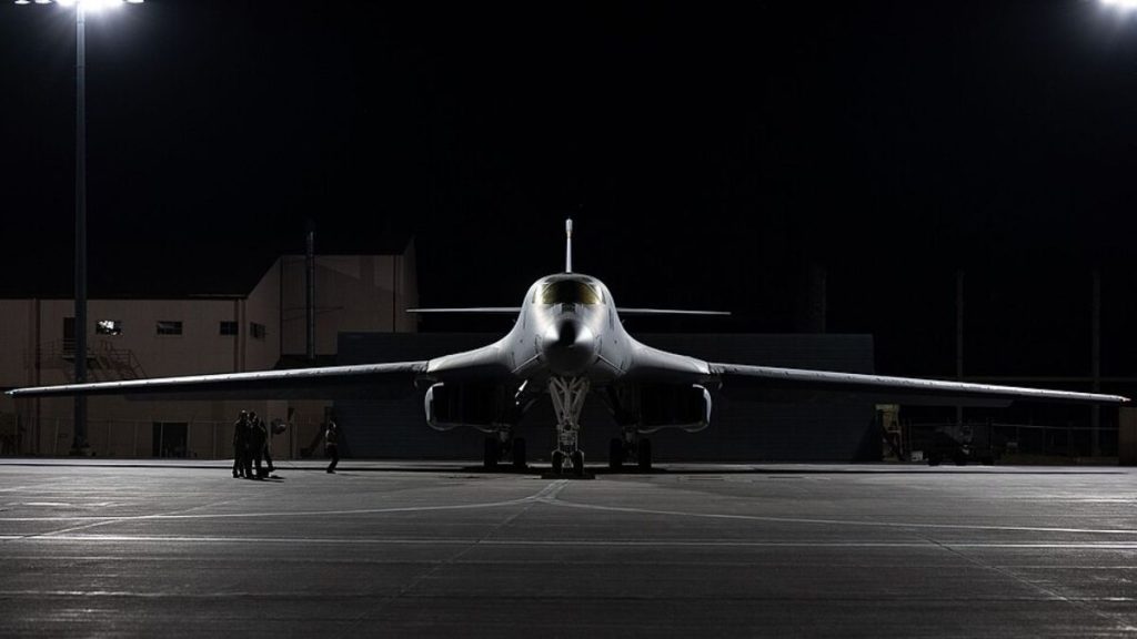 B-1B Lancer bomber, RAF Fairford bomber, US Air Force B-1B, US bomber deployment UK, RAF Fairford night operations, strategic bomber aircraft,