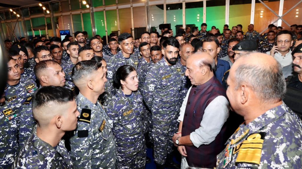 Rajnath Singh Indian Navy, Indian Navy personnel Visakhapatnam, Rajnath Singh naval personnel, Indian Navy bada khana, Indian Navy leadership interaction, Indian Navy maritime security, Indian Navy modernization.