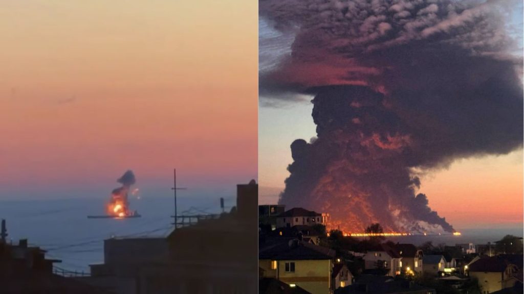 Aframax Rio tanker fire image, Black Sea tanker attack, Sochi oil tanker fire, Indian crew Black Sea tanker, Aframax Rio drone attack, maritime security Black Sea, tanker blaze Russia coast.