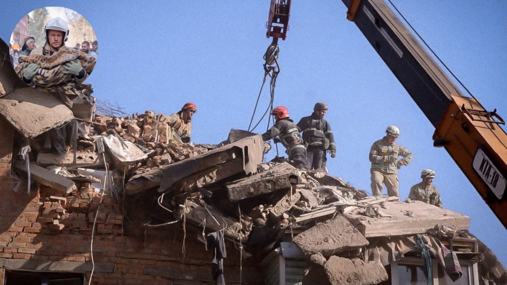 Russia Ukraine attack image, Ukraine rescue workers, Pryluky missile strike, Russian missile attack Ukraine, Ukraine building collapse, civilian casualties Ukraine.
